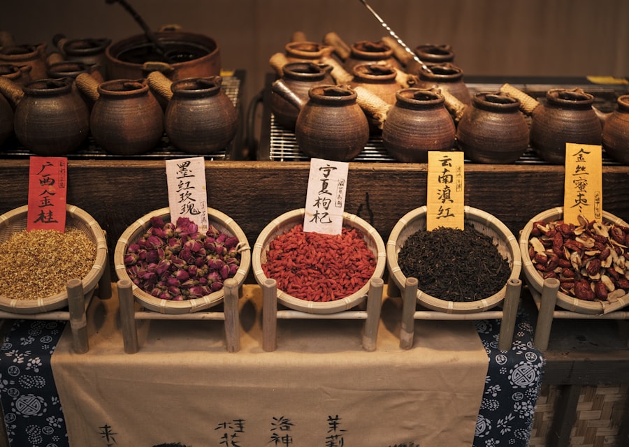 Traditional Chinese herbs displayed in apothecary bowls